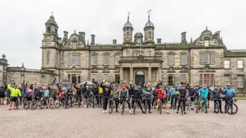 Ian Knight / Z70 Photography Sir Bradley Wiggins with dozens of cyclists at Sandon Hall in Stafford