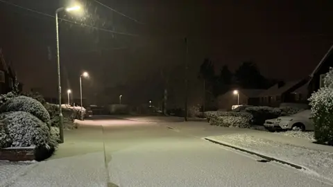 WEATHER WATCHERS - basilbrush The sky is dark and there is a street light on. A road and pavements are covered in snow on a residential street. There are houses on either side of the road, and snow-covered bushes and trees.