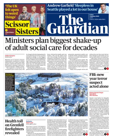 Guardian front page for 3 January 2025 - the headline reads "Ministers plan biggest shake-up of adult social care for decades" 