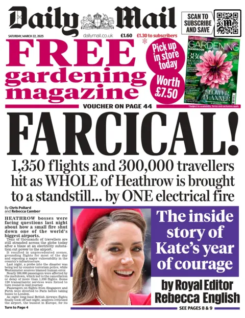 The title in the Daily Mail is: Farcical! 1,350 flights and 300,000 travelers hit the entire Heathrow airport