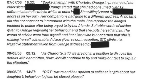 Devon and Cornwall Police Typed out notes from Devon and Cornwall Police in 2006, which show the only record of the initial conclusions following Charlotte Orange's report she had been raped.