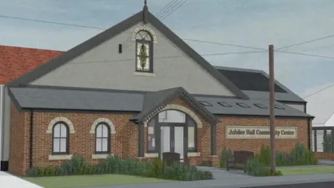 Hoot Architecture A CGI of how the new front extension will look. The entrance to Jubilee Hall has a grey slanted roof and its made of red brick. A new entrance with double doors leads into the building.