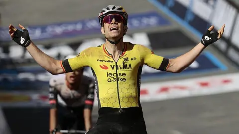 Wout Van Aert celebrates winning stage nine of the Giro d'Italia