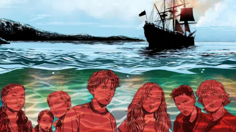 Marc Laming An illustration used for Endeavour, a thriller about seven children stranded on a historical recreation of an 18th-century sailing ship. The characters have red faces and a ship heading towards them, above the waves.