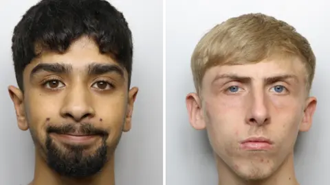 West Yorkshire Police Police mugshots of Adam Ahmed and Marc Carter.Ahmed has black hair and a black goatee. Carter has blonde hair and blue eyes.