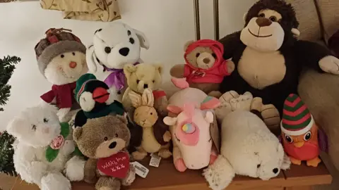 Mary Peto Soft toys lined up on a table. There are several bears, a monkey and a seal among them.