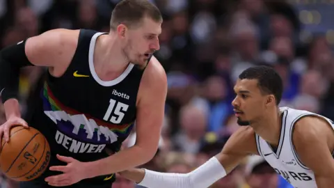 Nikola Jokic and fellow Most Valuable Player contender Victor Wembanyama go head-to-head during the match between Denver Nuggets and San Antonio Spurs
