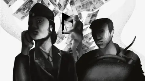 BBC clarification, which shows a man who takes money from a cash point in Russia, while two people who are floating in the uniform stand in the foreground