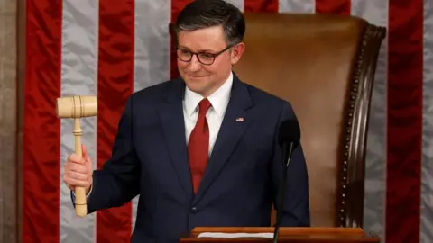 Getty Images Mike Johnson delivers remarks after being re-elected Speaker on 03 January, 2025 