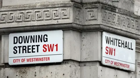 Getty Images Signs for Downing Street and Whitehall on walls where the two streets meet.