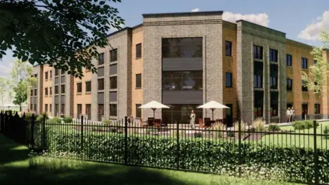 Supplied An artist's digital impression of the new care home in Northallerton - a large brown brick building surrounded by grounds and a patio, with iron railings around the outside.