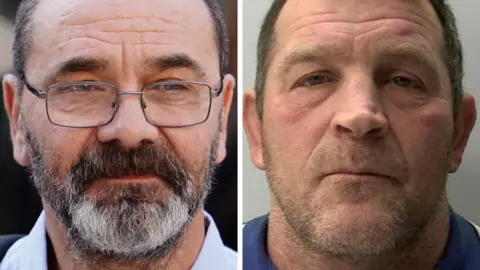 Split screen headshots of Andrew Malkinson, who has a beard and wears glasses, on the left and Paul Quinn on the right