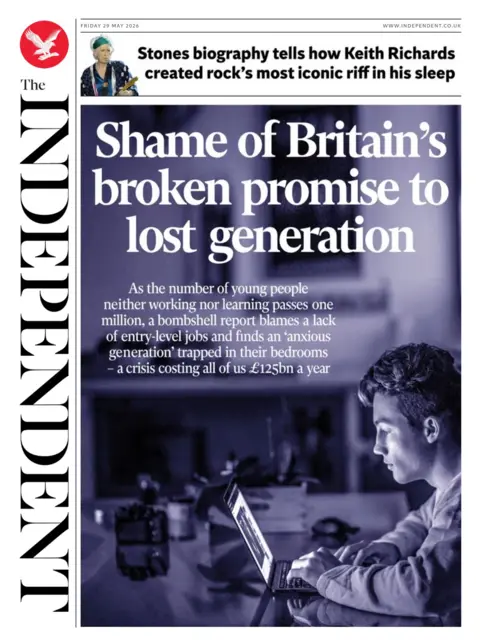 "Shame of Britain's broken promise to lost generation" reads the headline on the front page of the Independent.