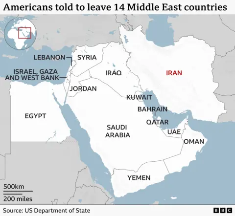 A regional map of the Middle East highlighting 14 countries from which the U.S. has advised Americans to leave. The countries shown include Lebanon, Syria, Iraq, Jordan, Israel/Gaza/West Bank, Egypt, Saudi Arabia, Yemen, Oman, UAE, Qatar, Bahrain, Kuwait and Iran. Each country is labeled, with Iran marked in red. A small inset globe indicates the region’s location. A scale bar shows 500 km and 200 miles. Source: U.S. Department of State