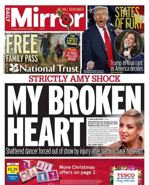 The headline on the front page of the Daily Mirror reads: “My broken heart: Shattered dancer forced out of show by injury" 