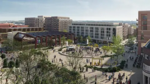 Wakefield Council Artists impression of a new square in Wakefield city centre. People sit on benches below trees outside a new library and gallery.