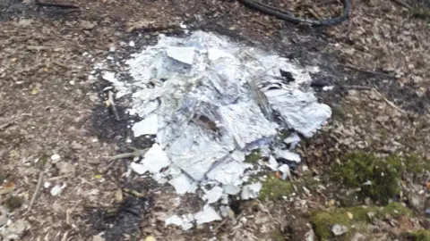 East Sussex Fire & Rescue Service A pile of burnt books found in a woodland.