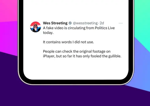 A stylised Twitter screenshot of Wes Streeting denouncing the video as fake
