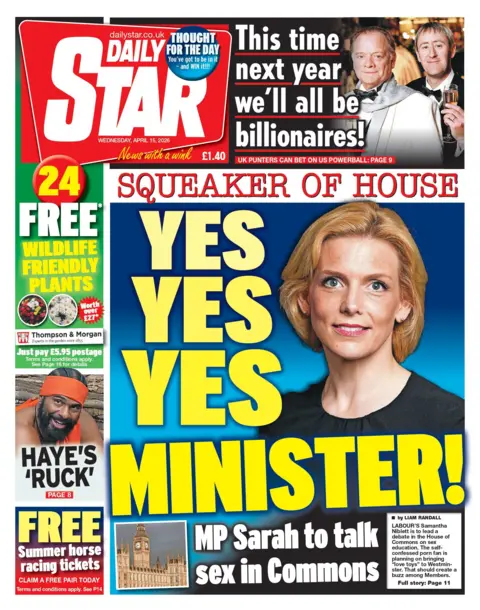 Yes yes yes Minister! MP Sarah to talk sex in Commons," reads the headline on the front page of the Daily Star.