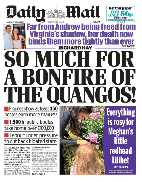The front page of the Daily Mail newspaper. The headline reads: 'So much for a bonfire of the quangos!'