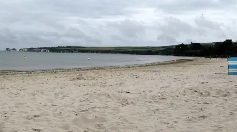 A deserted sandy beach looking towards the chalk cliff stacks of Old Harry Rocks