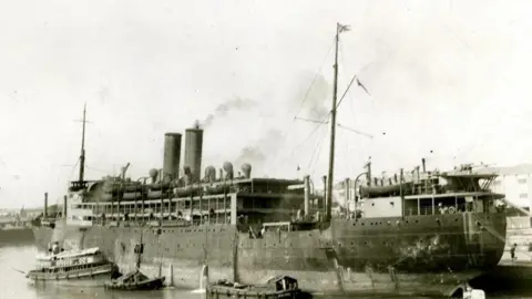 supplied A black and white photograph of the SS Tilawa 