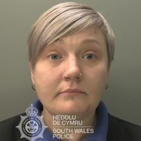 South Wales Police A mugshot of Claire Jones. She has short white hair and has a nose and lip piercing. 