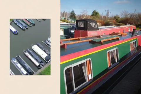 Montage image showing narrowboats parked together on a canal, and a close-up of a green narrowboat with red trim and orange curtains