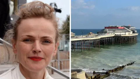 A composite image. On the left is a woman smiling at the camera. She is wearng a white jacket and red and white striped T-shirt and has blonde hair tied back, and is wearing red lipstick. On the right is a view of Cromer pier on a sunny day, seen from the side and from the promenade. 