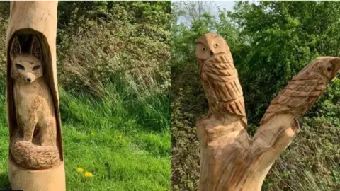 Ben Yeates Wooden sculpture of a fox and two owls