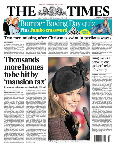The maim Times headline is "Thousands more homes to be hit by 'mansion tax'"