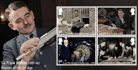 Royal Mail Sir Frank Whittle is on the left of the image and in RAF uniform and holding a metal slide rule. on the right are four stamps, depicting him, clockwise from top left, at RAF Cranwell in 1925, behind a desk in 1945, with his research team in 1944 and looking at one of the engines he designed and made.
