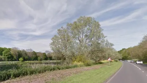 Google A single carriageway road with some cars heading towards the camera and a left bend sign. Water is visible on the left, separated by a verge and trees from the road.