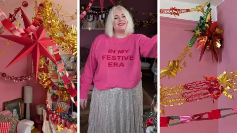 Felicity Hayward Three photos: Two showing foil decorations on the walls and ceiling of a living room with bright pink walls, one showing a picture of woman, smiling, with blonde hair, a pink jumper that says "in my festive era" and a silver sequin skirt
