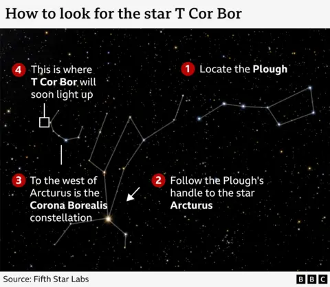 A drawing showing how to find T Cor Bor in the night sky