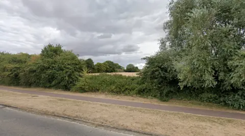 Street view image looking from the main road towards the fields that could have been built on. There are bushes separating the road and field and clouds in the sky. The land is flat and surrounded by trees. 