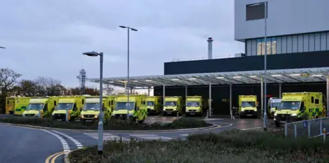 Ambulances parked outside the Grange University Hospital Accident and Emergency unit in Cwmbran 