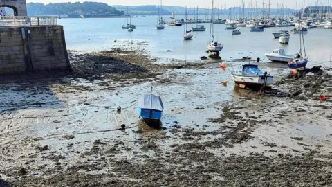 Imagen del proyecto del barco de Stonehouse Beach en Royal William Yard, Plymouth. La marea está baja y las pequeñas embarcaciones se posicionan durante la marea baja. Está embarrado y la superficie cubierta de algas. Hay un muro de piedra en el lado izquierdo de la imagen, parte del Royal William Yard.