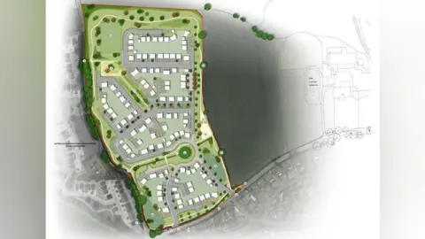 Shropshire Homes An aerial diagram of the housing development. It is on green lane, with trees and bushes surrounding it. There are 150 white blocks to represent houses, and roads and fields surrounding the site