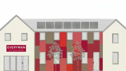 Everyman Theatre Architectural drawings of a white and red clad two-storey community centre. The left and right gabled sections are white, one with glass doors and a red "Everyman Education Centre" sign, while the middle section has red and browny grey cladding panels. Young trees have been planted out the front of the building and there appears to be solar panels on the top.