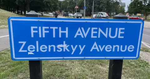 Simon Dedman/BBC A blue roadsign on a grass verge with two lines of text. The top line reads Fifth Avenue, underneath it says Zelenskyy Avenue.