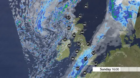 BBC Weather Radar map of where rain is forecast across the UK and Ireland as of 16:00 GMT, as well as expected wind speeds in various locations