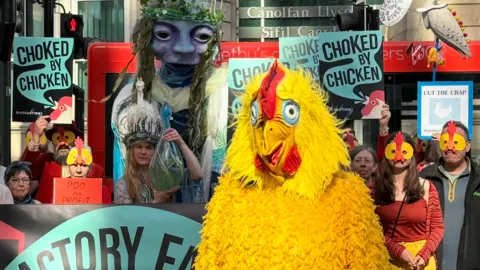 Campaigners dressed as chickens and river creatures outside the Cardiff Justice Centre. The large puppet, goddess of the wye, is in the background. They are holding up signs saying 'choked by chicken'