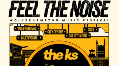 A yellow and black poster that says "feel the noise" in black writing. Underneath is says "Wolverhampton music festival" and "Multi-venue, city centre, Sat 19th April 2025"