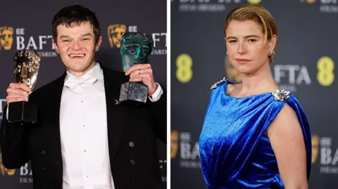 Reuters / EPA Right: Robert Aramayo poses with the leading actor award and the rising star award for I Swear
 
Left: Jessie Buckley, who won best actress, poses on the red carpet earlier in the evening