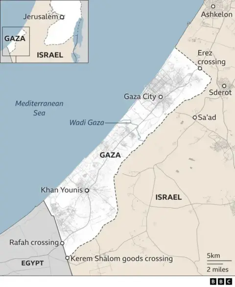 A map showing where Gaza is, as well as Egypt and Israel