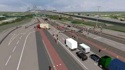 National Highways A graphic demonstrating how an unsuitable vehicle gets diverted into a holding area by the side of the road before reaching the Dartford Crossing tunnels. It shows a lorry being pulled over to one side, with a queue of traffic behind it.
