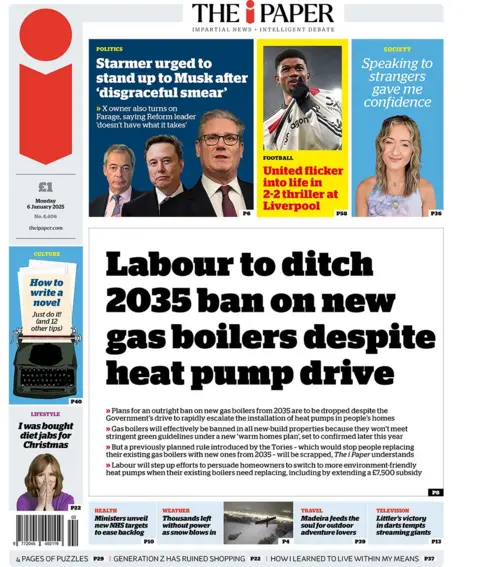 The headline in the i newspaper reads: "Labour to ditch 2035 ban on new gas boilers despite heat pump drive"