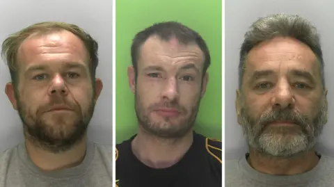 Gloucestershire Constabulary A composite image showing three police mugshots of Ashley Booth (L), Scott Captick (M) and Brian Dennis (R). 