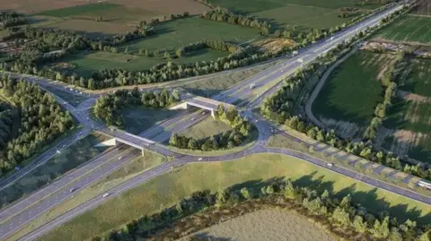 A rendering of the new motorway junction showing a raised roundabout over the existing motorway